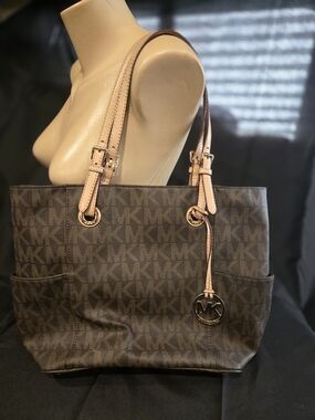 Michael Kors Brown Monogram Tote with Tan Leather Straps